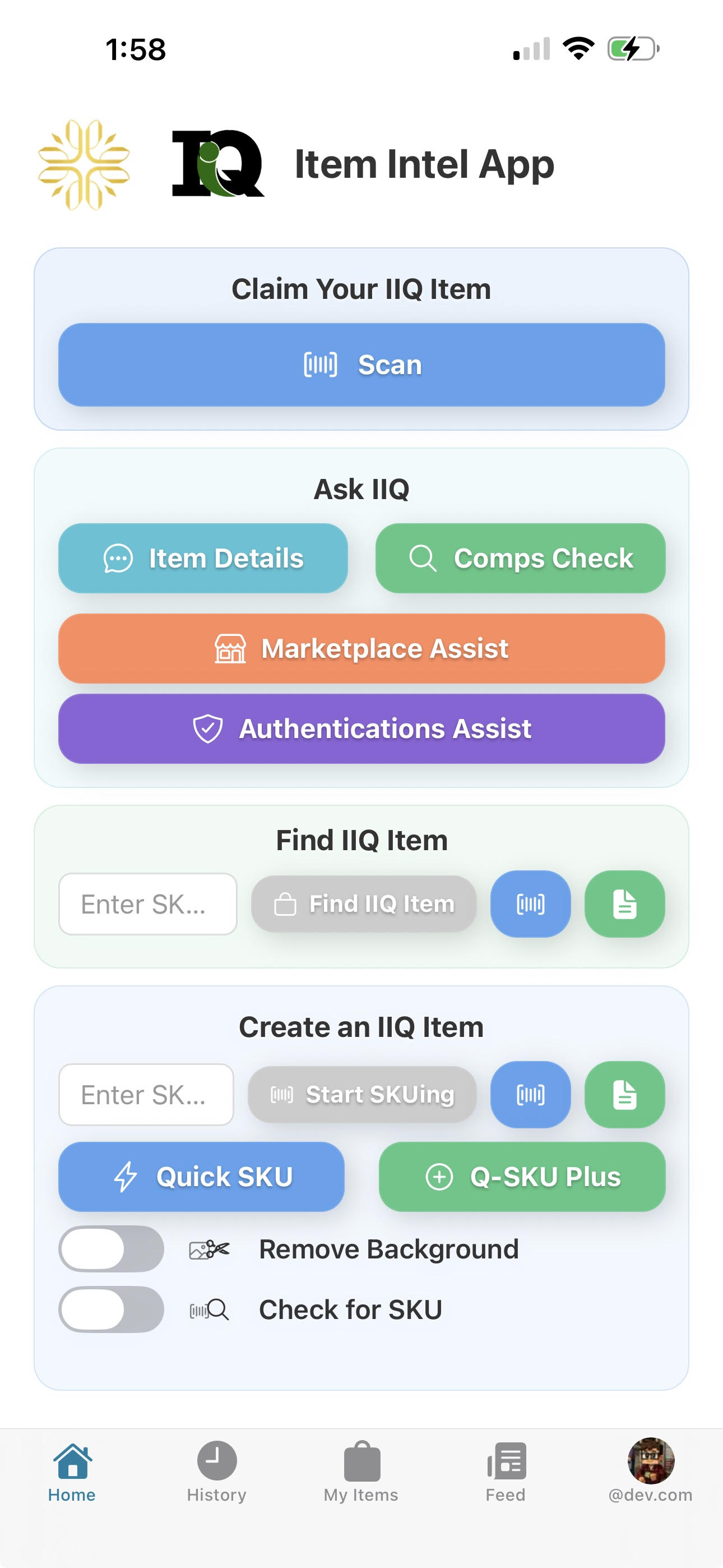 ItemIQ Home Screen Interface