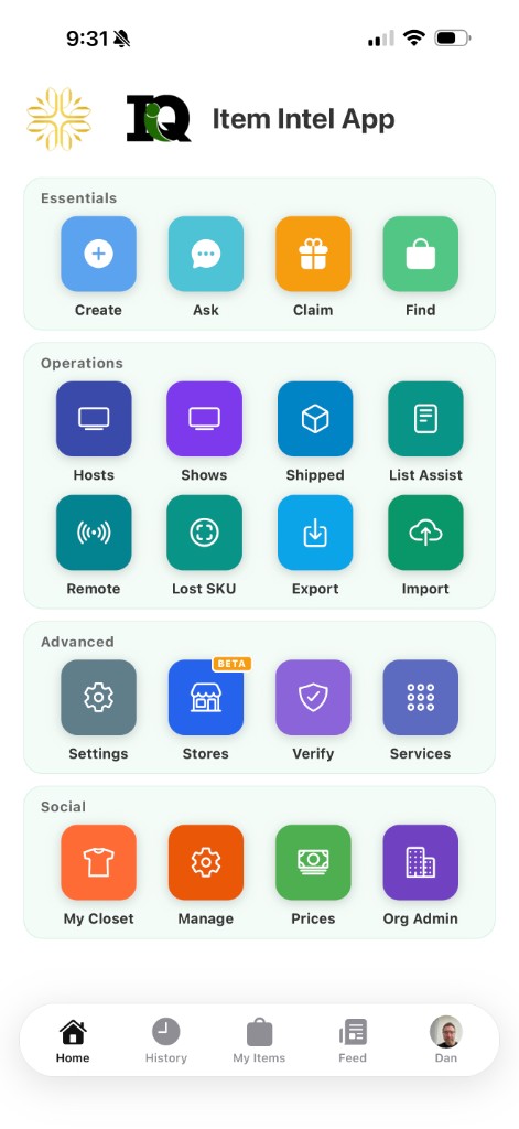 ItemIQ home screen: Essentials, Operations, Advanced, and Social