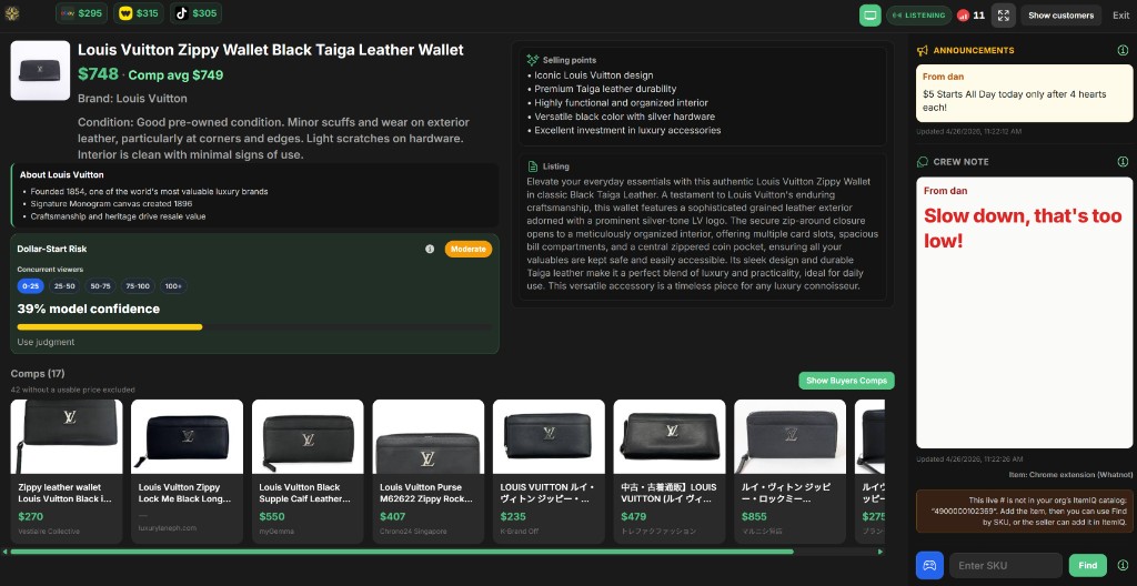 Host View in the browser: live comps, dollar-start risk, crew note, and show buyers tools on a dark dashboard