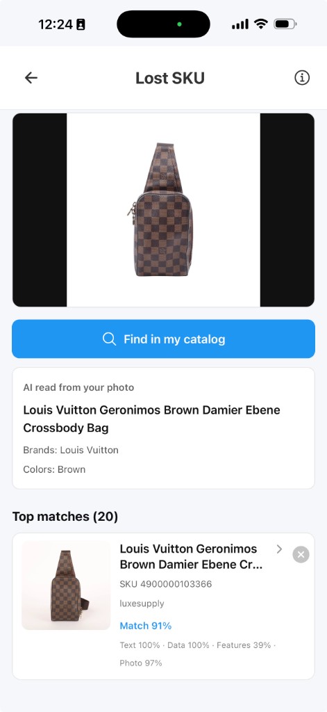 Lost SKU: photograph an item, see AI read from your photo, and match to your catalog with confidence