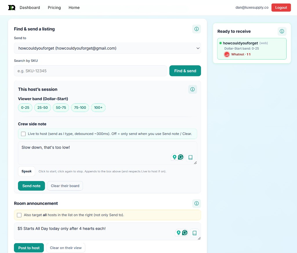 Remote Host: find a SKU, send to the active host, crew notes, room announcements, and host session status
