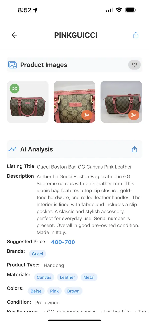 ItemIQ item page showing the AI Analysis draft for a Gucci Boston bag: listing title, description, suggested price 400–700, brand, product type, materials, colors and condition