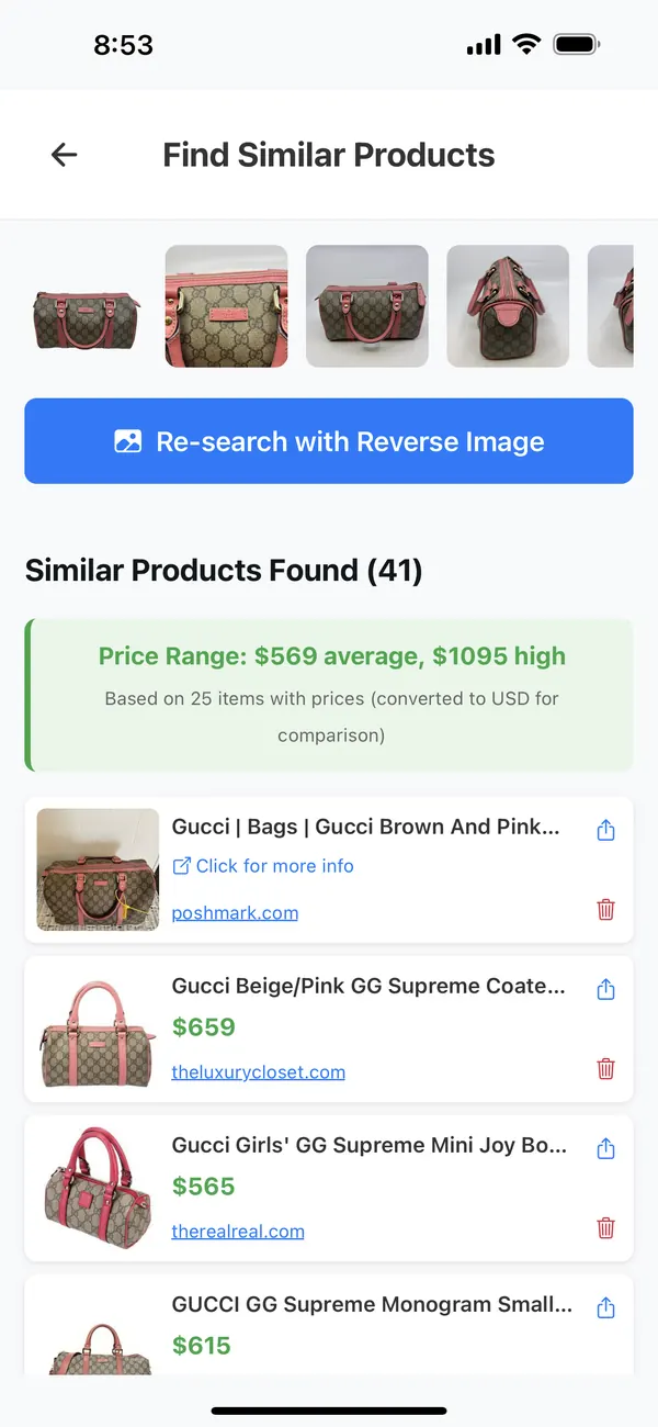 Find Similar Products screen listing 41 visually similar handbags with prices from resale sites and a price range summary