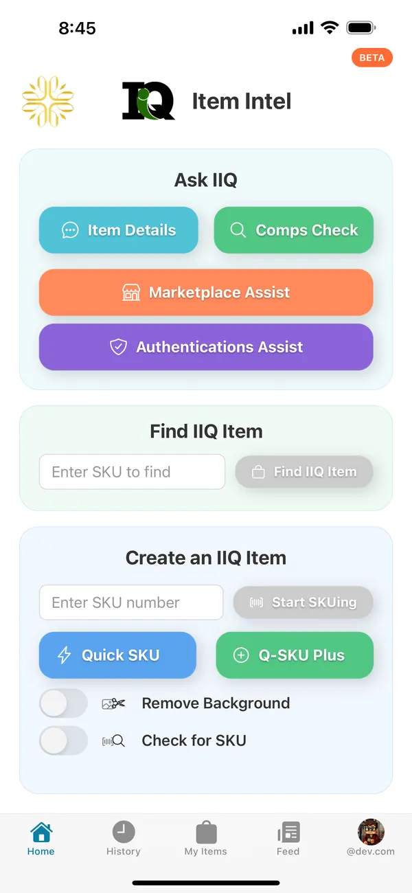 ItemIQ iPhone app home screen with Ask IIQ actions, a Find IIQ Item SKU field, and Create an IIQ Item with Quick SKU and Q-SKU Plus