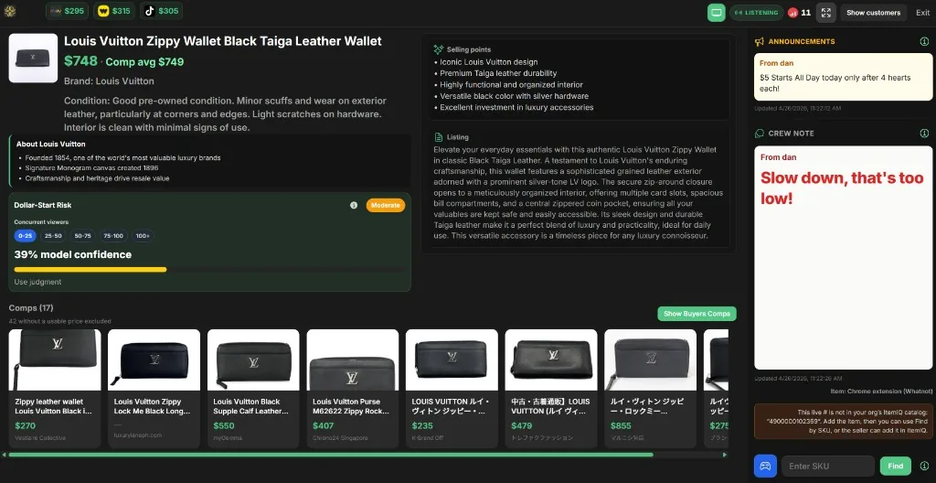 Host View showing the current item with comps, Dollar-Start Risk, a room announcement and a crew note
