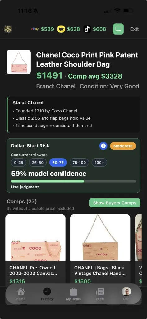 Host View in the ItemIQ iPhone app: a Chanel shoulder bag with price, comp average, per-marketplace minimum prices for eBay, Whatnot and TikTok, Dollar-Start Risk and comps