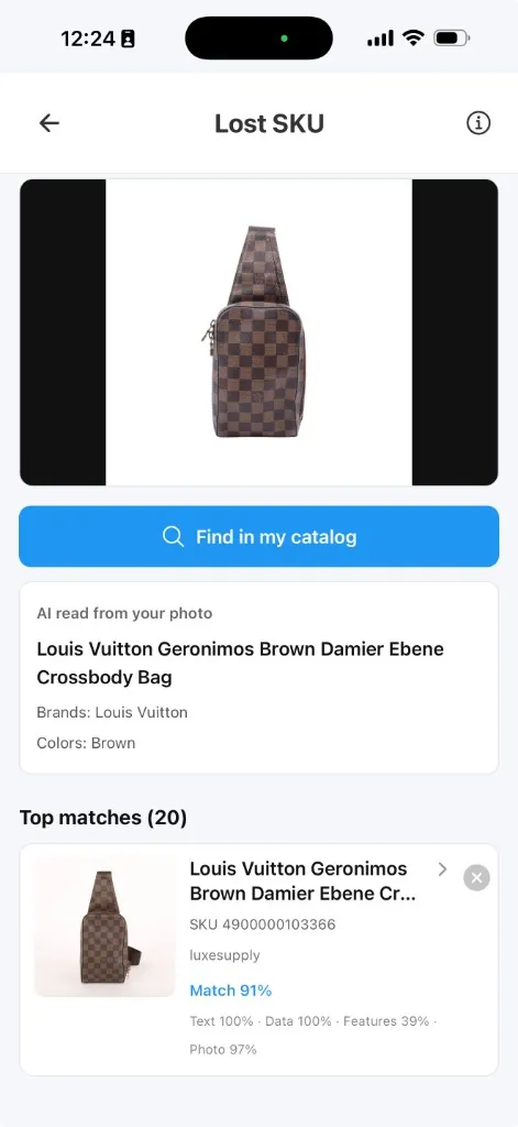 Lost SKU screen in the ItemIQ app: a photo of a brown Damier crossbody bag, text read from the photo, and the top catalog match SKU 4900000103366 at 91% with text, data, features and photo scores