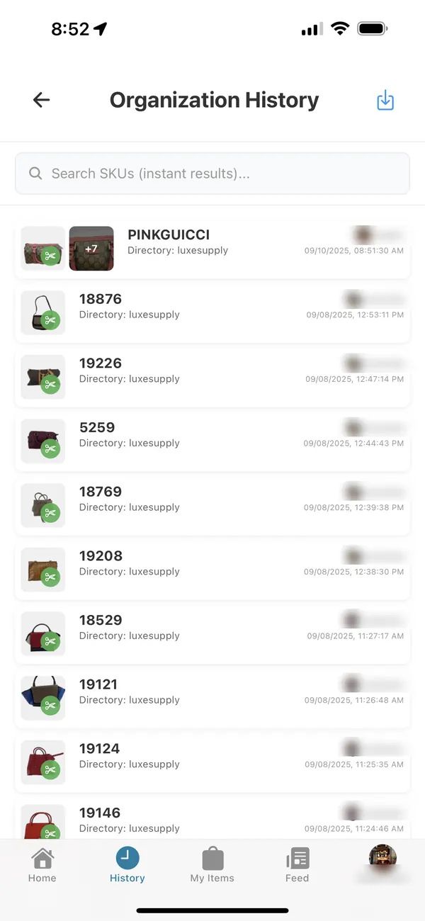 Organization History in the ItemIQ app: a SKU search box and a list of items with thumbnails, SKU numbers, directory and the date each was added; uploader names are blurred