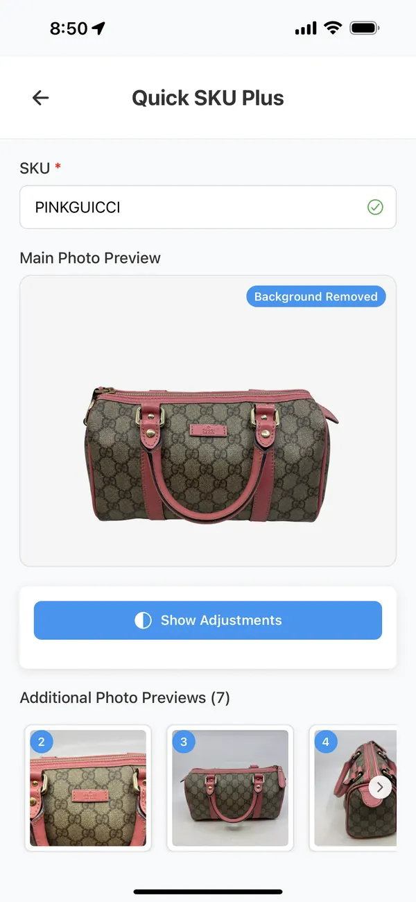 Quick SKU multi-photo screen in the ItemIQ iPhone app with SKU PINKGUICCI, a background-removed main photo and additional photo previews