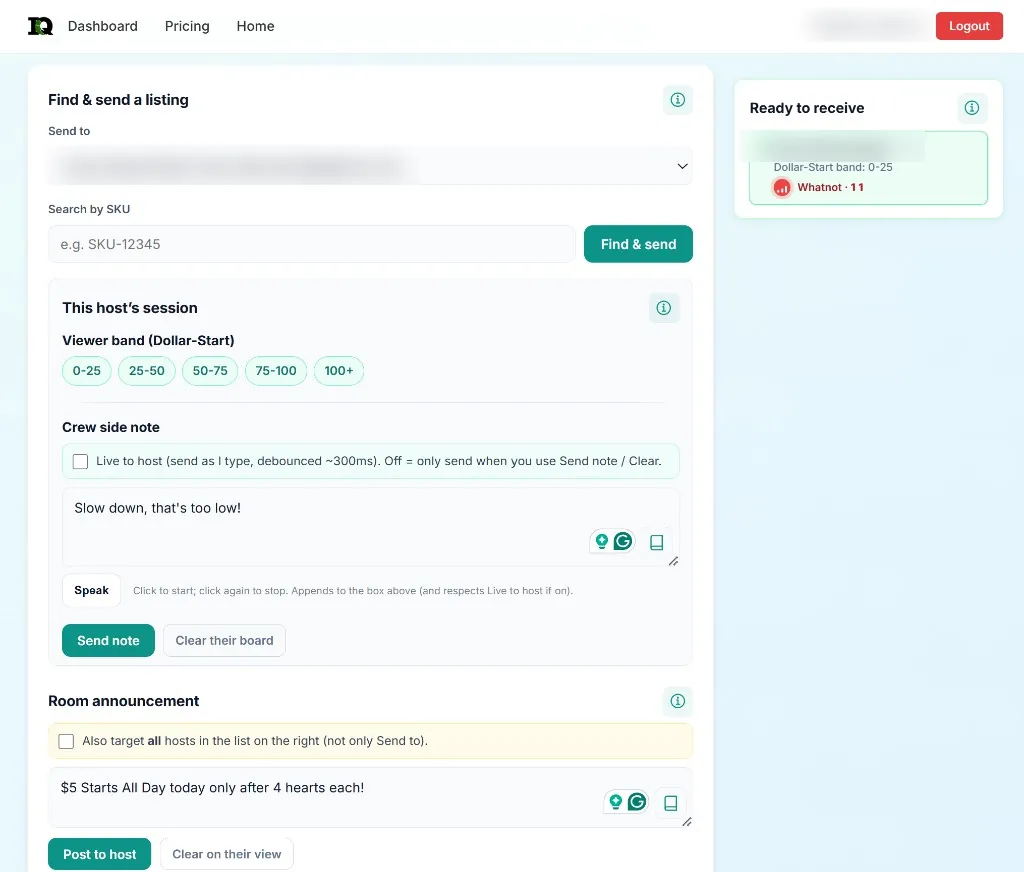Remote Host with a SKU search, Find and send button, viewer band options, a crew side note and a room announcement; account names blurred
